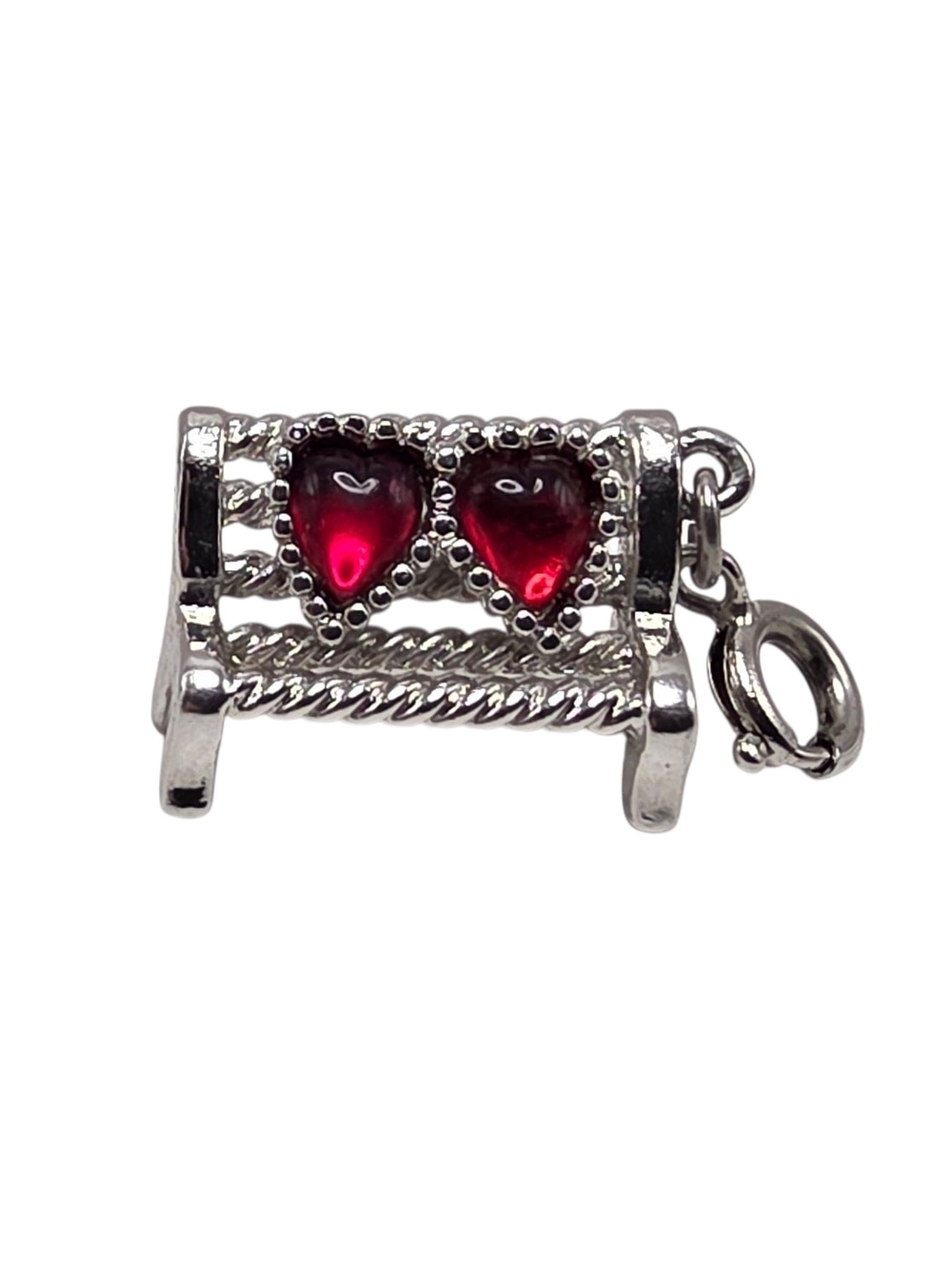Vintage Monet Silver Bench Charm Red Heart Crystal Rhinestones Park Bench Lovers